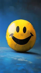 Weathered yellow smiley ball on cool blue studio background.