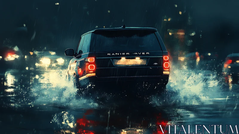 Luxury SUV powers through neon city rainstorm at night.