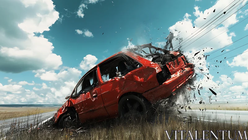 Red car collides with roadside pole and disintegrates on impact