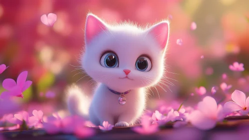 Luminous Feline Dreams: Where Pink Petals Whisper Wonder.