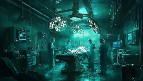 Dedicated surgical team bathed in calm teal hospital light.