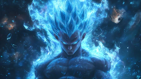 Blue energy warrior ignites cosmic flames in fierce focus.