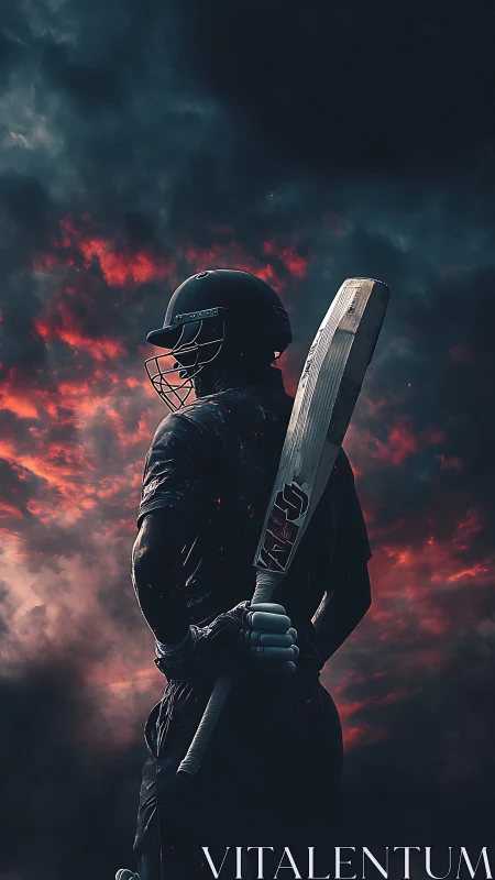 Storm-lit cricket warrior waits beneath burning twilight sky.