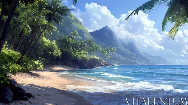 Tropical Beach Cove with Volcanic Mountain and Palm Palms.