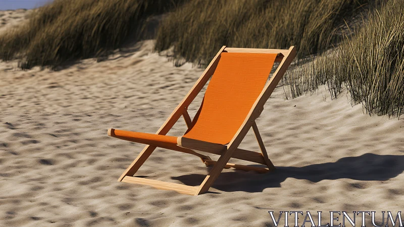 Orange canvas deckchair on coastal dune sand in sunlight