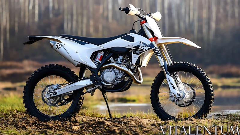 White off-road dirt bike by lakeside under soft daylight.