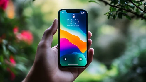 Hand holding smartphone with gradient wallpaper outdoors.