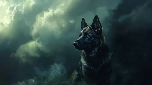 Lone shepherd dog stands watch beneath storm-swept clouds