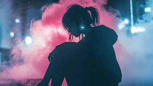 Silhouetted person sits in colored fog with neon backlight