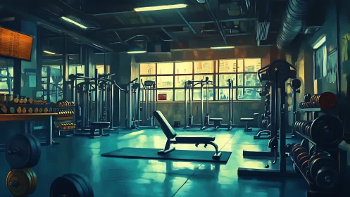 Digital painting portrays empty sunlit gym interior with weights.