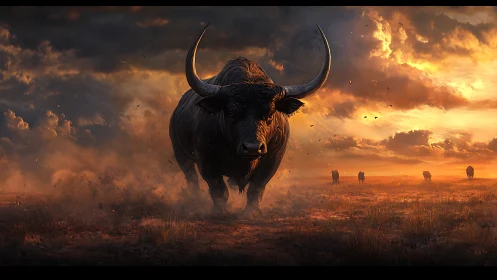 Storm-horned buffalo charges through ember-lit dusk plains.
