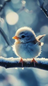 Fluffy Winter Chick Perched on Frosted Branch