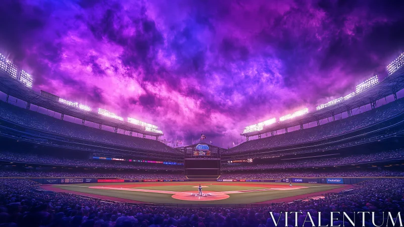 Baseball stadium under vivid purple storm clouds at dusk.