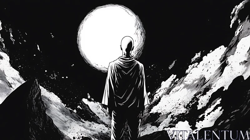 Lone moon-gazer stands on jagged cliffs in stark monochrome.