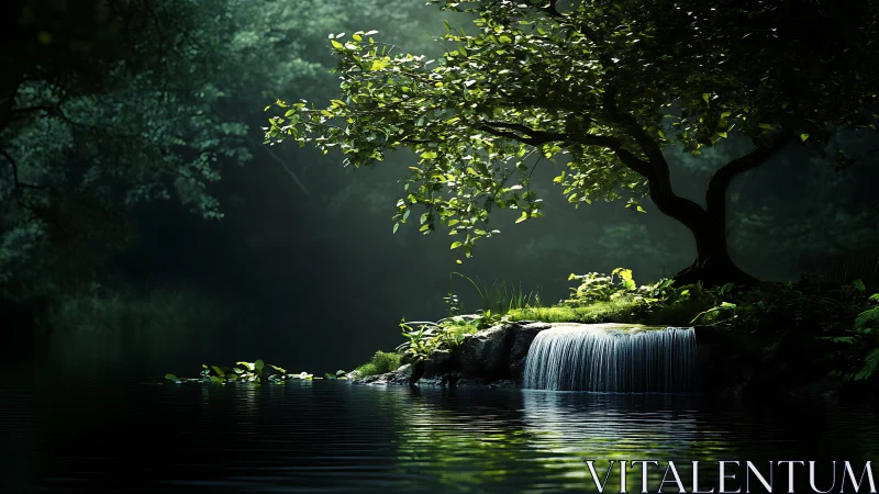 Tranquil forest waterfall with lush tree, soft natural lighting.