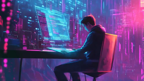 Focused programmer at neon cyber desk in digital city.