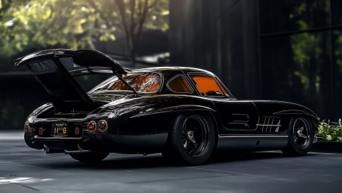 Glossy black classic sports coupe with open rear hatch.