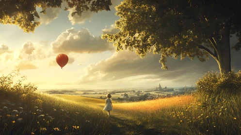 Golden-hour meadow vista with child and red balloon motif.