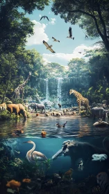 Wildlife gathers at a lush jungle waterfall and thriving river