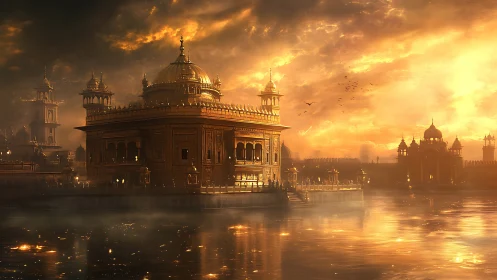 Golden temple complex reflects in misty water at sunset