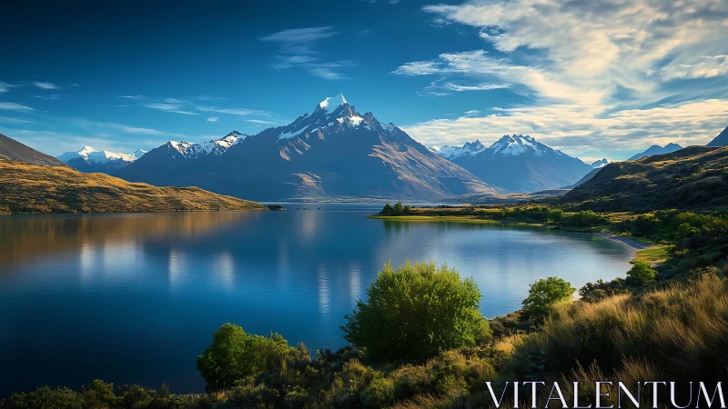 Snowcapped mountain range reflected in calm blue lake.