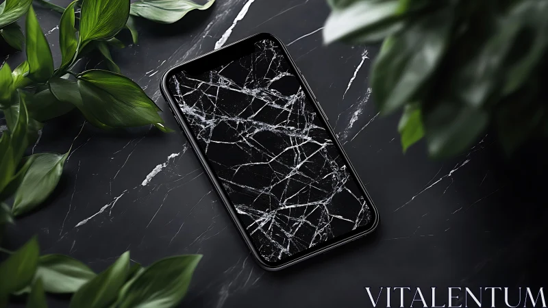 Shattered smartphone display on marble surface with controlled soft lighting