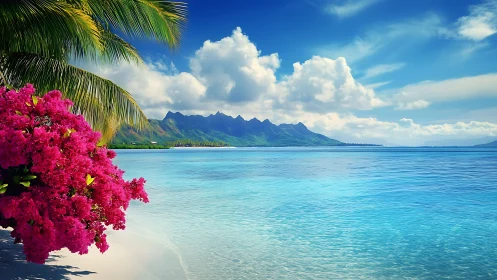 Tropical Paradise Beach with Magenta Bougainvillea Blooms.
