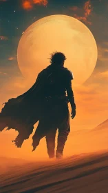 Silhouetted figure in desert foreground with large rising moon.