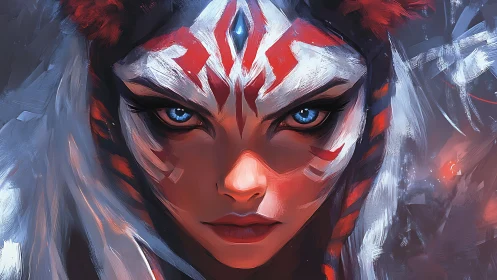 Fierce tribal warrior portrait with glowing blue eyes.