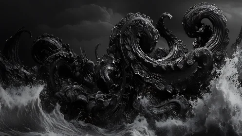 Dark tentacled mass rises from storm sea in monochrome scene
