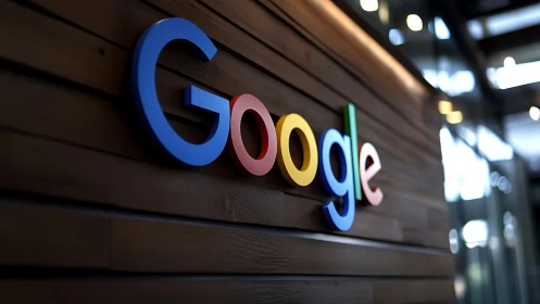 Google’s rainbow letters glow softly along a wooden hallway