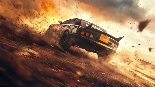 Rally car drifts through explosive dirt with cinematic motion blur