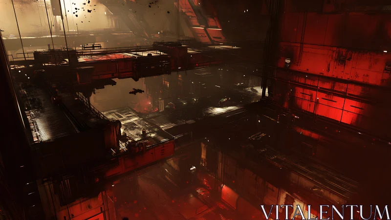Industrial sci fi interior shows layered red steel platforms