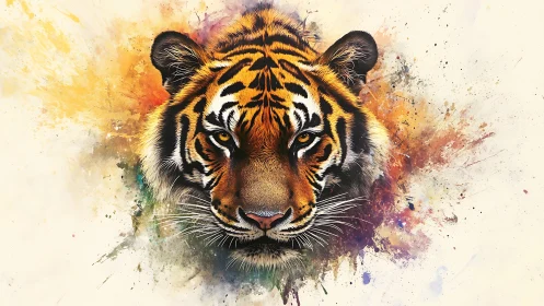 Tiger’s intense gaze erupts from vibrant watercolor splashes
