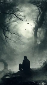 Solitary hooded figure in eerie foggy forest clearing at dusk.