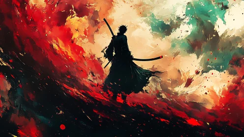 Silhouetted swordsman stands against turbulent abstract sky