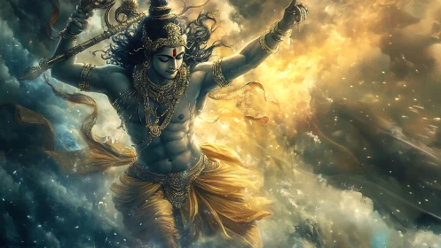 Dynamic celestial warrior in ornate golden attire in clouds.