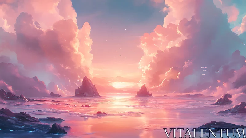 Radiant pastel seascape with volumetric clouds and backlit islets