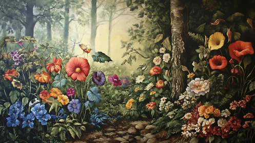 Dense woodland path bordered by varied blooming flowers.