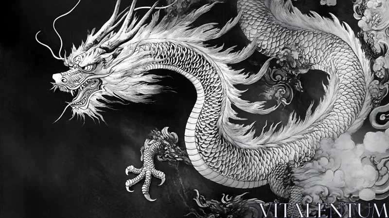 Ink dragon coils through storm clouds in monochrome fury.