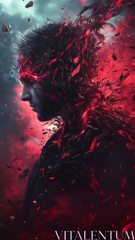 Volatile red energy fracture consuming human silhouette profile.