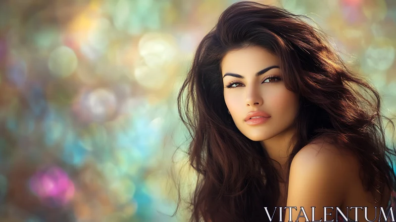 Soft gaze among dreamy colors and sunlit bokeh glow.