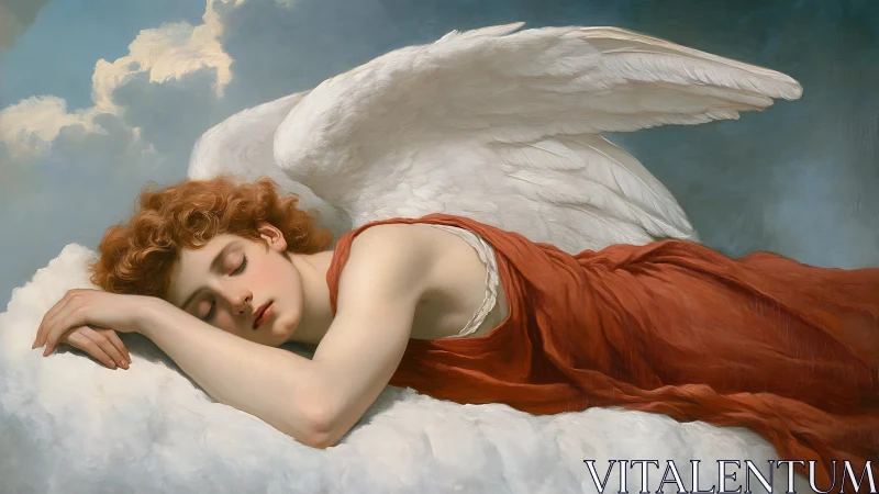 Slumbering angel drifts on clouds in rust-red reverie.