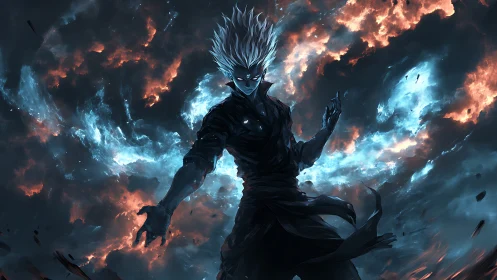 White haired sorcerer commands stormfire in a dark sky