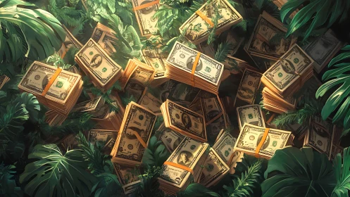 Stacks of US dollar bills lie scattered across dense jungle foliage