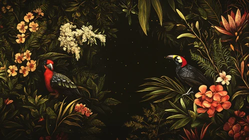 Tropical avian pair framed by dense nocturnal foliage