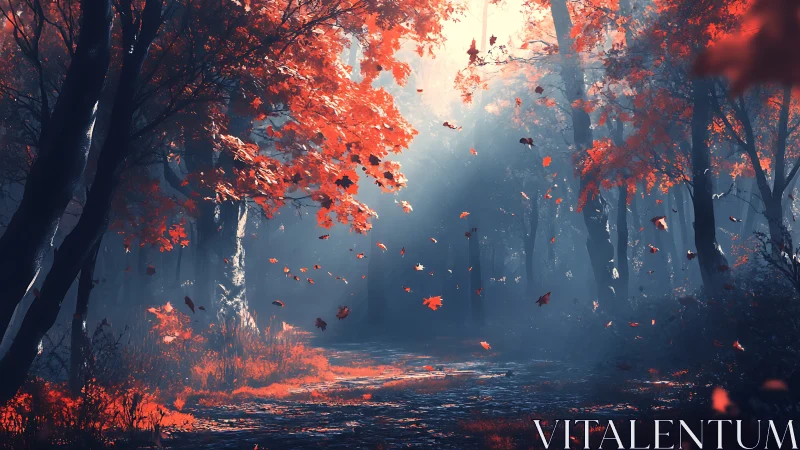 Autumn Forest Path with Glowing Red Leaves