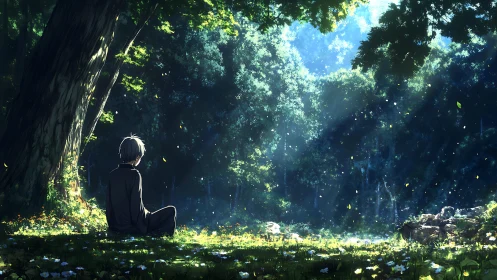 Quiet-hearted boy rests beneath sunlit forest canopy