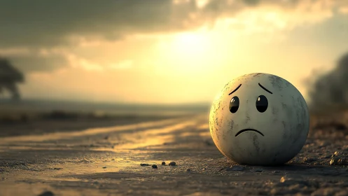 Spherical emoticon on empty road at sunset in rural area.