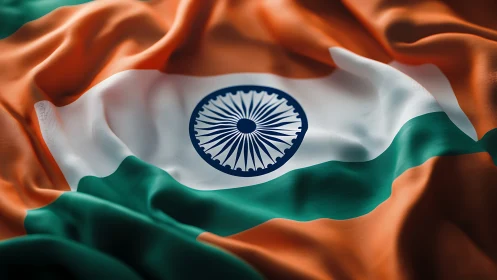 Indian national flag with detailed folds and bright colors.